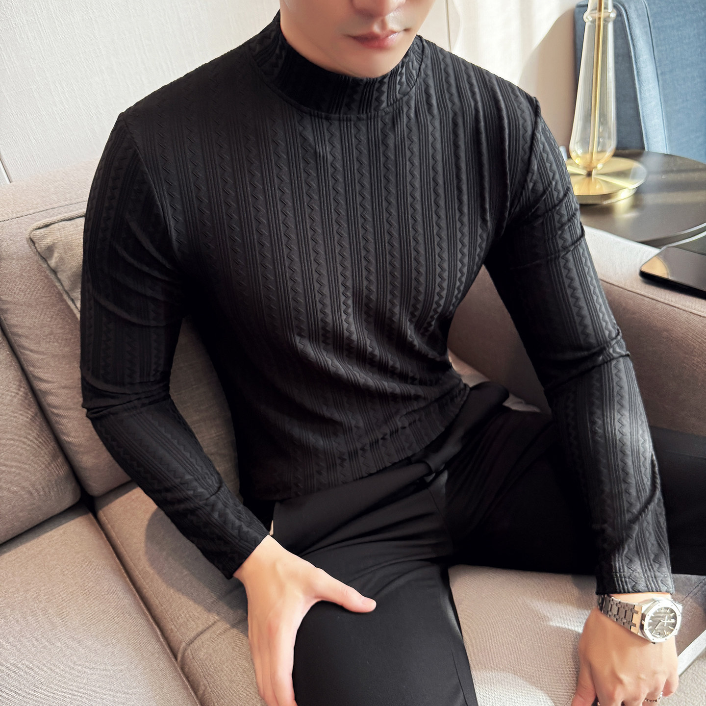 男士秋冬半高领长袖打底衫男个性款条纹打底T恤419-DX003-P45,男装T恤,星座419（原A233）