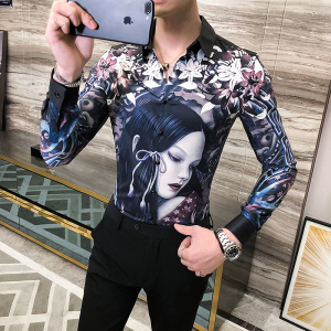 2021秋男衬衫英伦长袖上衣印花男装韩版修身四季印花衬衣H601-P55图片