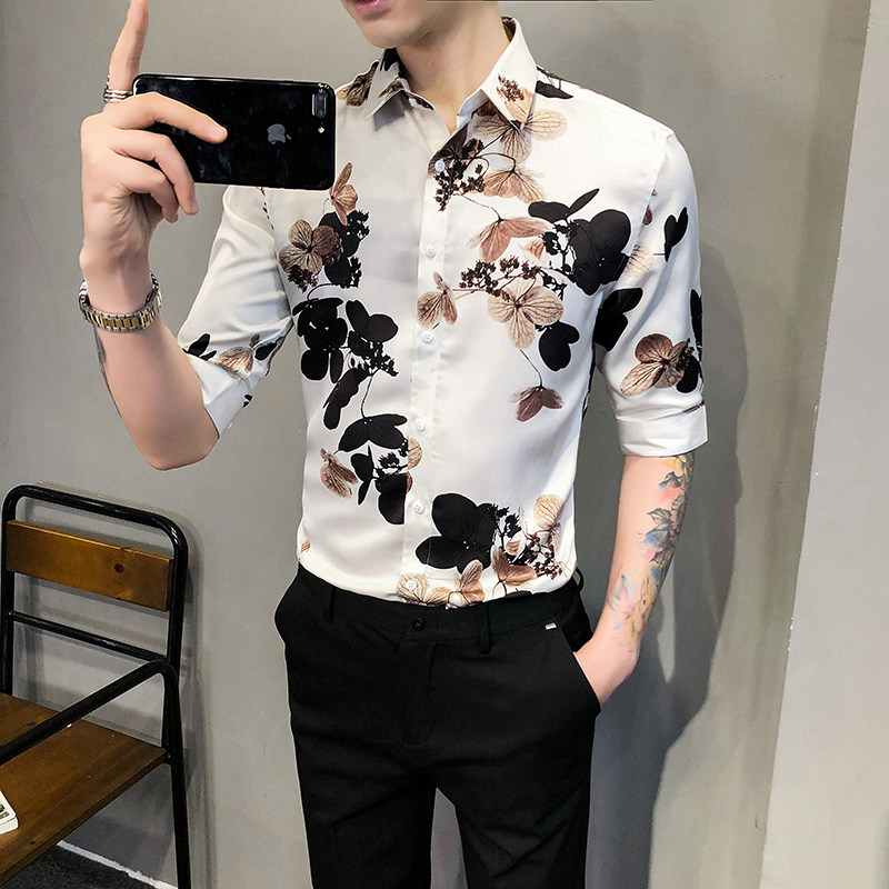 2021春夏男衬衫中袖印花衬衣青年商务衬衫潮流花衬衫时尚BF90-P55,男装衬衫,星座419（原A233）