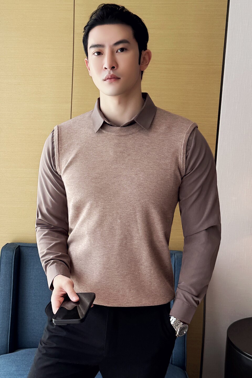 男士秋冬假两件毛衣~潮流衬衫领毛衣~撞色拼接毛衣419-S2316-P69,男装衬衫,星座419（原A233）