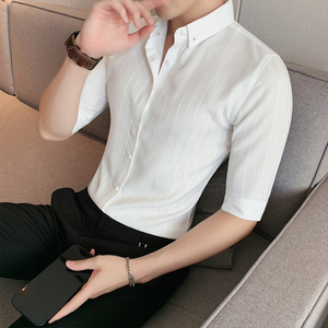 夏季新款男条纹中袖衬衫五分袖衬衣韩版修身个性衬A233-BF97图片