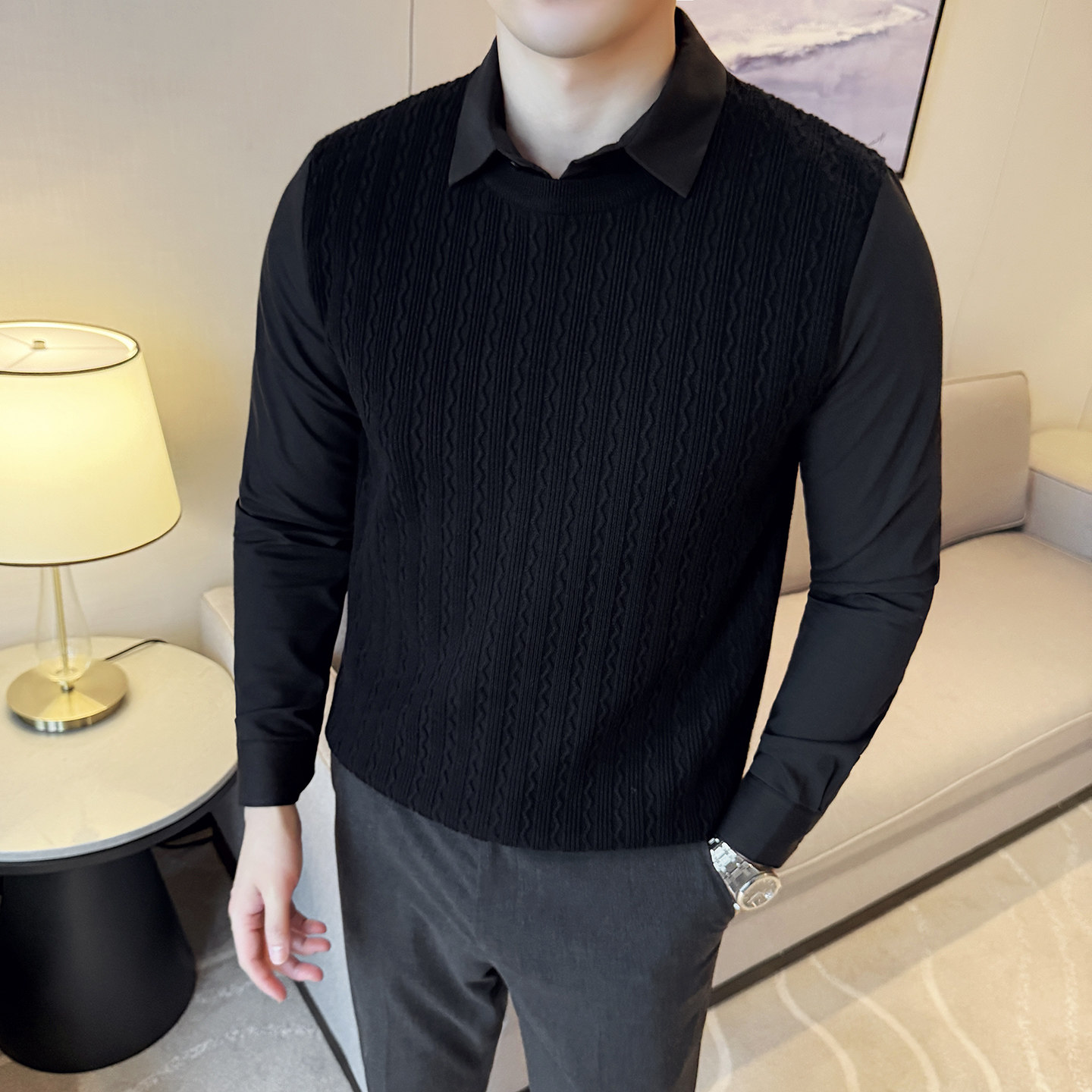 秋冬男士毛衣假两件针织毛衣打底衫撞色衬衫领翻领毛衣S1189-P119,男装T恤,星座419（原A233）