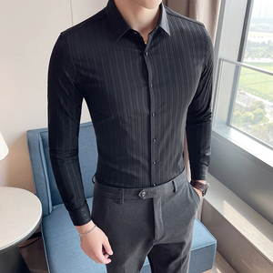 四季款男条纹长袖衬衫轻熟衬衣韩版修身个性上衣秋衬衫M2108-P65图片