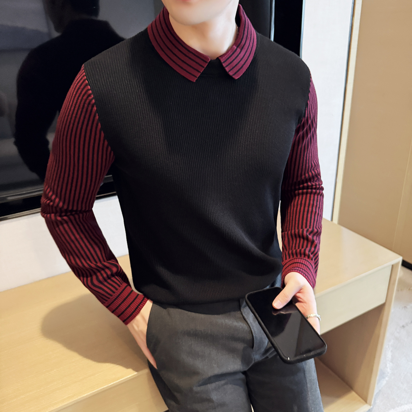 秋冬男士毛衣假两件针织毛衣打底衫撞色条纹领翻领毛衣S3333-P75，男装T恤，星座419（原A233）