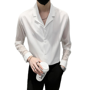 2025春夏新款男长袖衬衫潮流蕾丝袖西装领男V领衬衫H730-特P40图片
