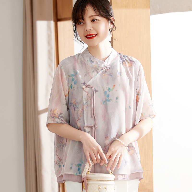 喜卉新中式妈妈夏装宽松短袖T恤小衫2025新款中老年女装雪纺上衣