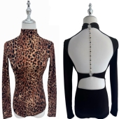 显瘦百搭露背上衣 修身 傲睨Dance新款 拉丁舞高级豹纹黑色高领长袖