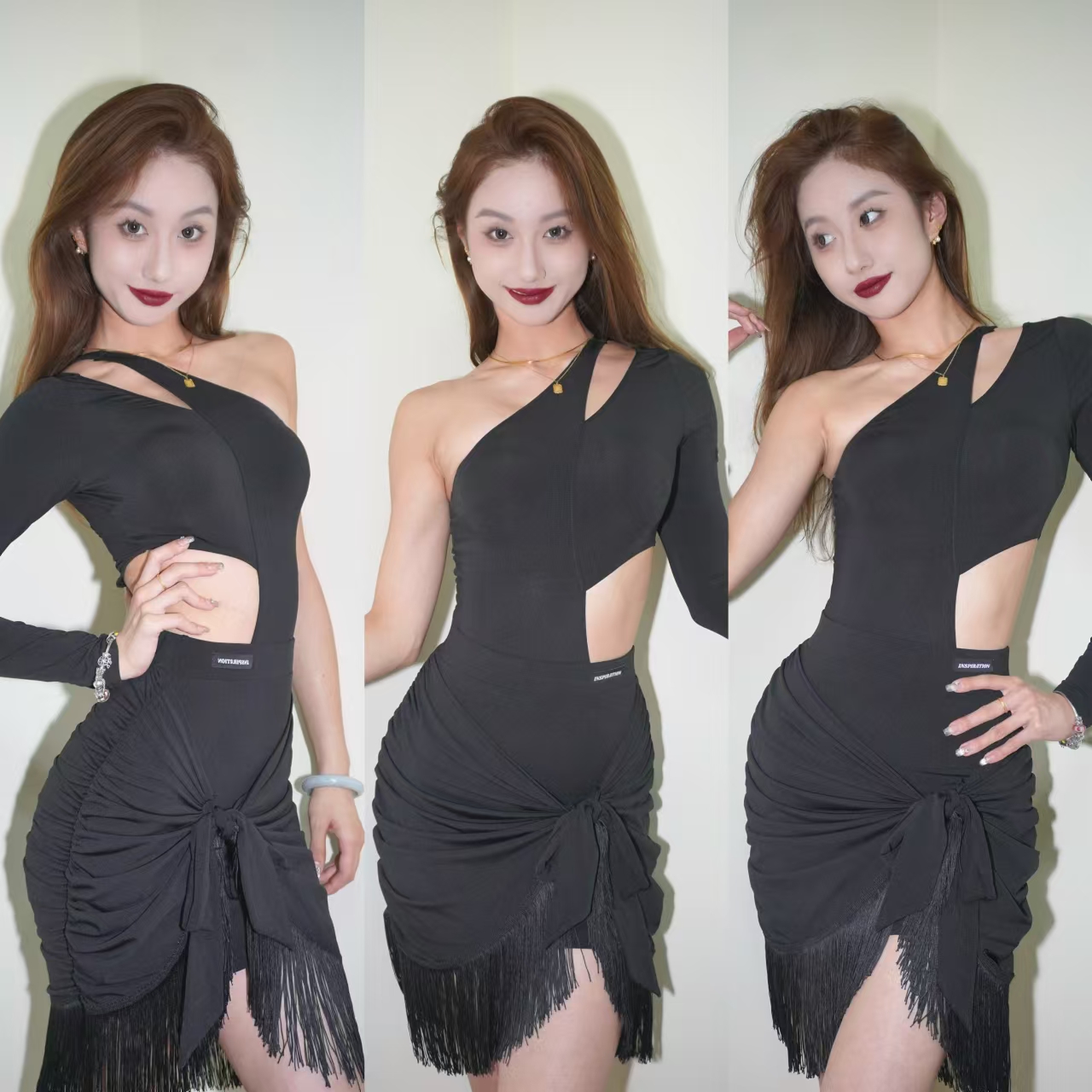 INSPIRATION国标舞服拉丁分体单件流苏系带裙练舞教课黑色修身