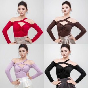 鲸艺DANCE秋冬新款拉丁摩登上衣镂空露肩自带胸垫百搭教课练舞