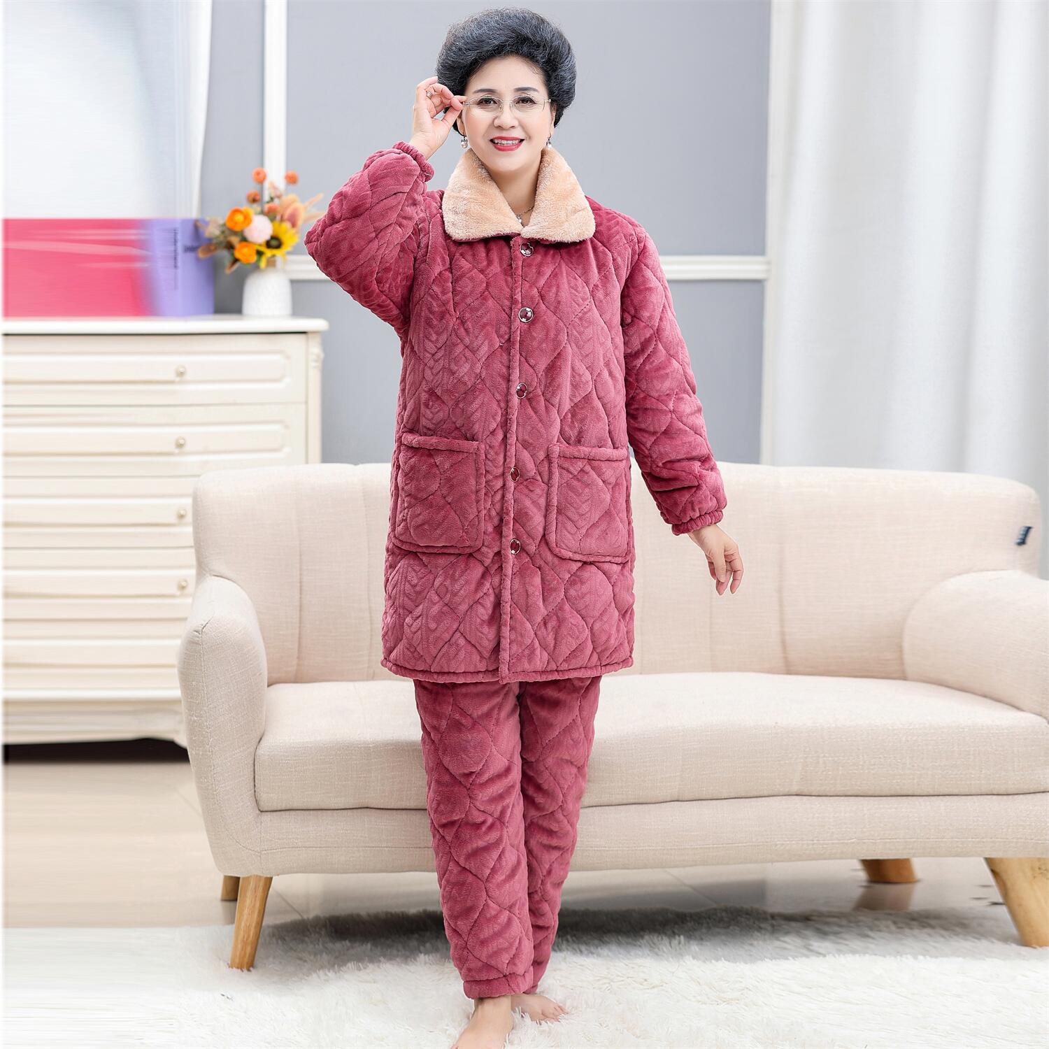 冬季中老年妈妈夹棉睡衣三层加厚珊瑚绒长袍睡袍加大码家居服套装