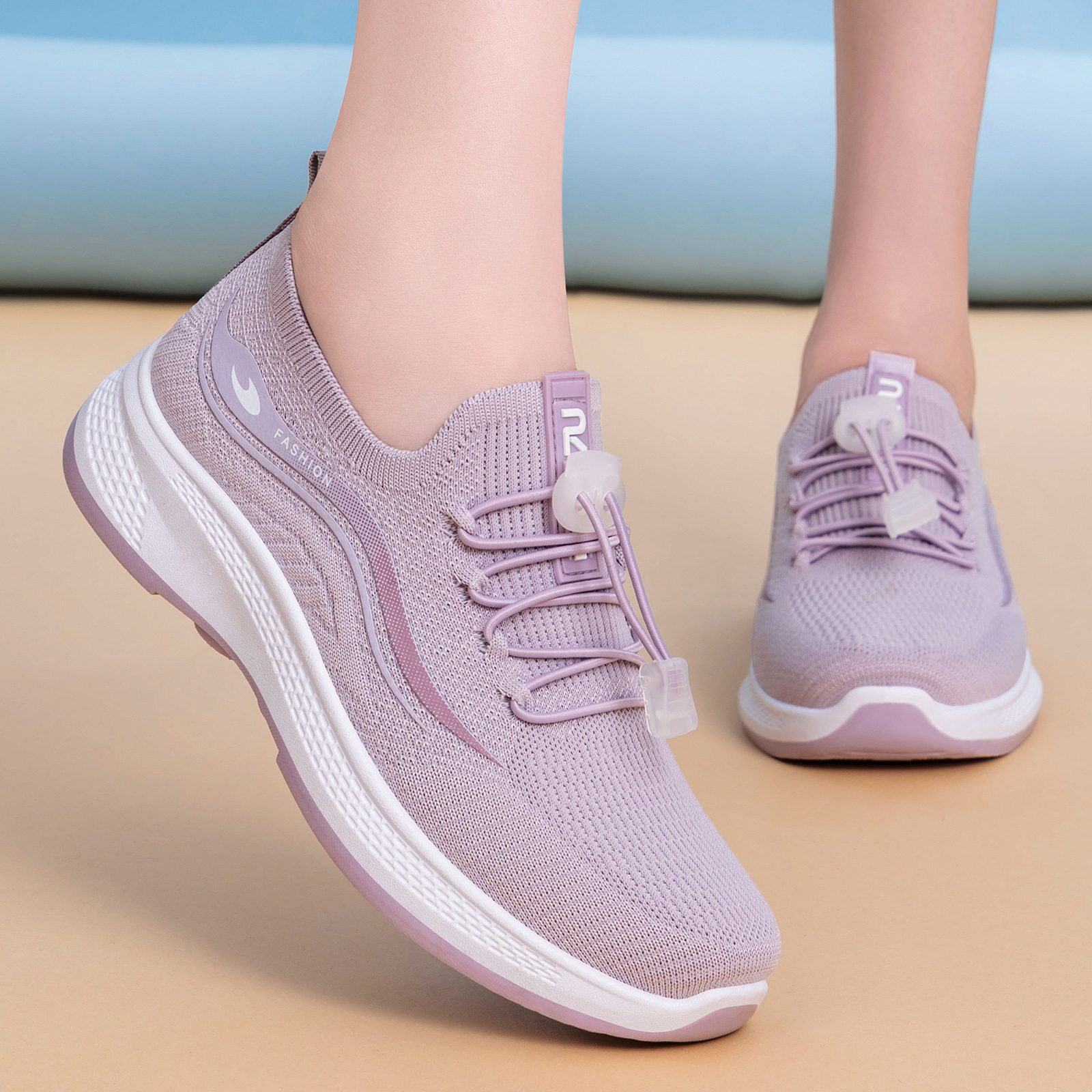 女鞋春季女飞织透气健步鞋轻便一脚蹬单鞋软底透气休闲鞋妈妈鞋