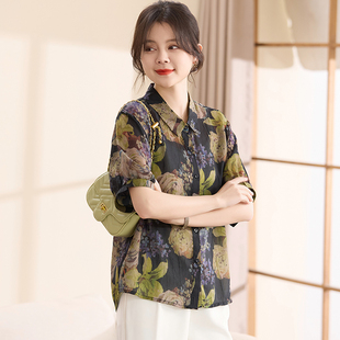 洋气翻领短袖 中老年女装 喜卉妈妈夏装 衬衫 上衣服 时尚 减龄T恤小衫