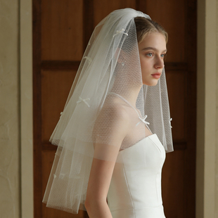 手工蝴蝶结新娘头纱 白色双层网格软纱领证登记求婚拍照道具头饰