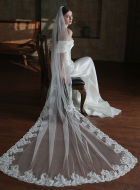 V860长款蕾丝花边新娘头纱超仙白色大气方摆拖尾婚礼旅拍软纱头饰
