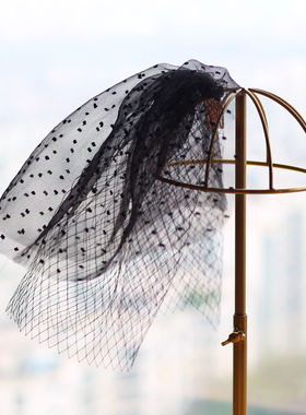 V680万圣节复古装扮网格头纱 短款黑色派对表演拍照道具双层头饰