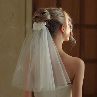 V372超仙山茶花新娘头纱 短款白色双层领证登记求婚拍照道具头饰