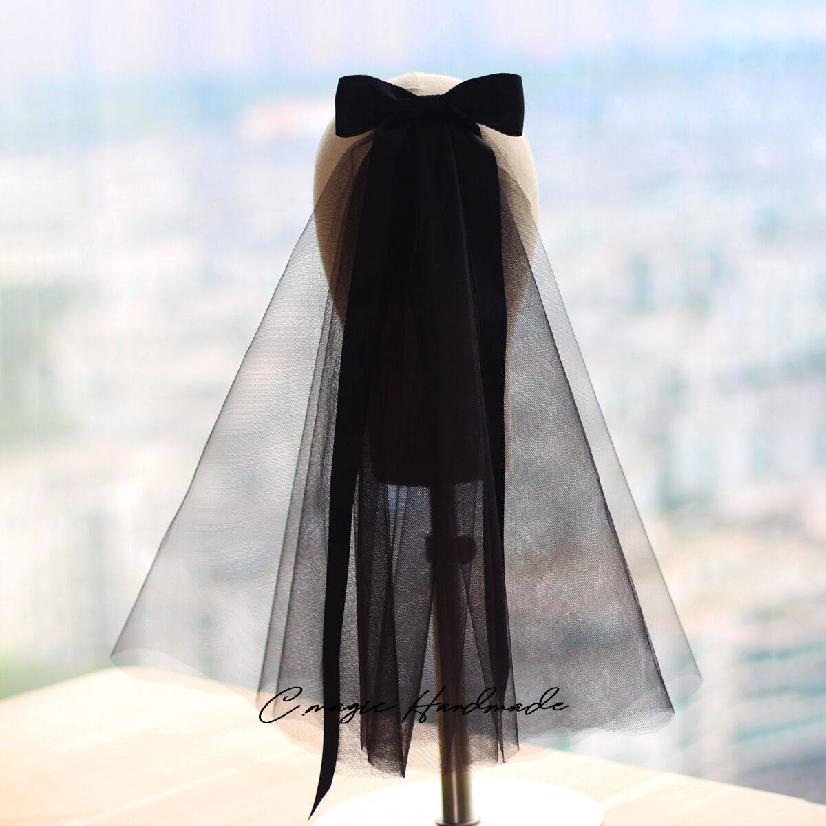 超仙复古黑色蝴蝶结造型旅拍头纱