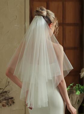 V380法式珍珠主婚纱求婚领证登记头纱简约白色新娘结婚拍照道具