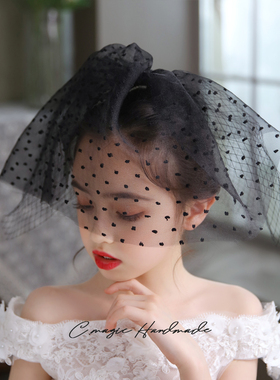 V680超仙短款黑色波点儿童小头纱 表演出生日成人拍照道具头饰品