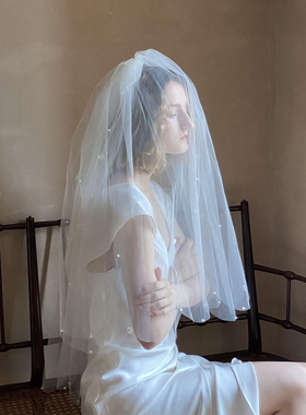 HM06欧美波浪边新娘头纱简约珍珠白色花朵中长款拍照道具婚纱头饰
