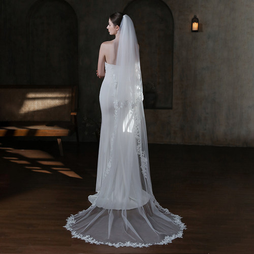 拖尾双层花边遮面长款新娘头纱