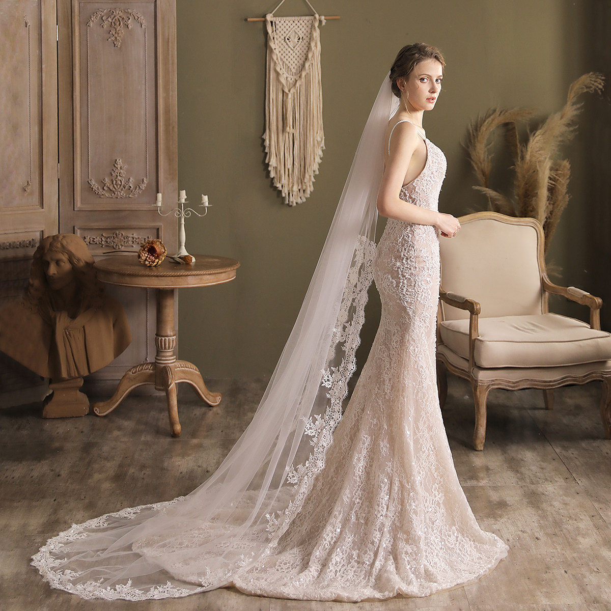 欧美蕾丝长款教堂新娘结婚头纱