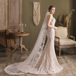 V823欧美超仙蕾丝长款 教堂拖尾软纱新娘结婚拍照道具婚礼主头纱