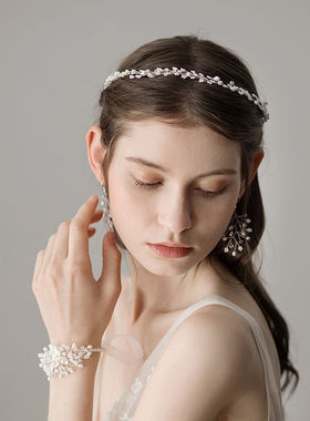 O364高级感手工串珠新娘头饰 日韩超仙珍珠发带耳饰婚纱礼服发饰