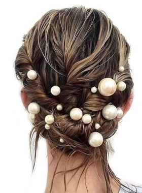 TB001日韩18支珍珠盘发簪头饰套装 新娘森系仙美U型珠钗红色发饰