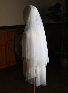 V874双层珍珠头纱 白色简约复古软纱超仙婚礼旅拍新娘结婚头饰