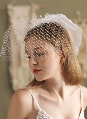 V833法式复古软纱新娘小头纱 白色短款旅拍领证结婚道具遮面头饰