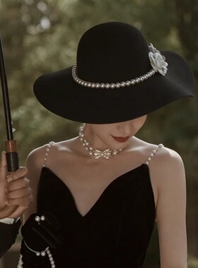 M010法式黑色复古赫本风珍珠花朵优雅拍照晚宴会表演写真名媛礼帽