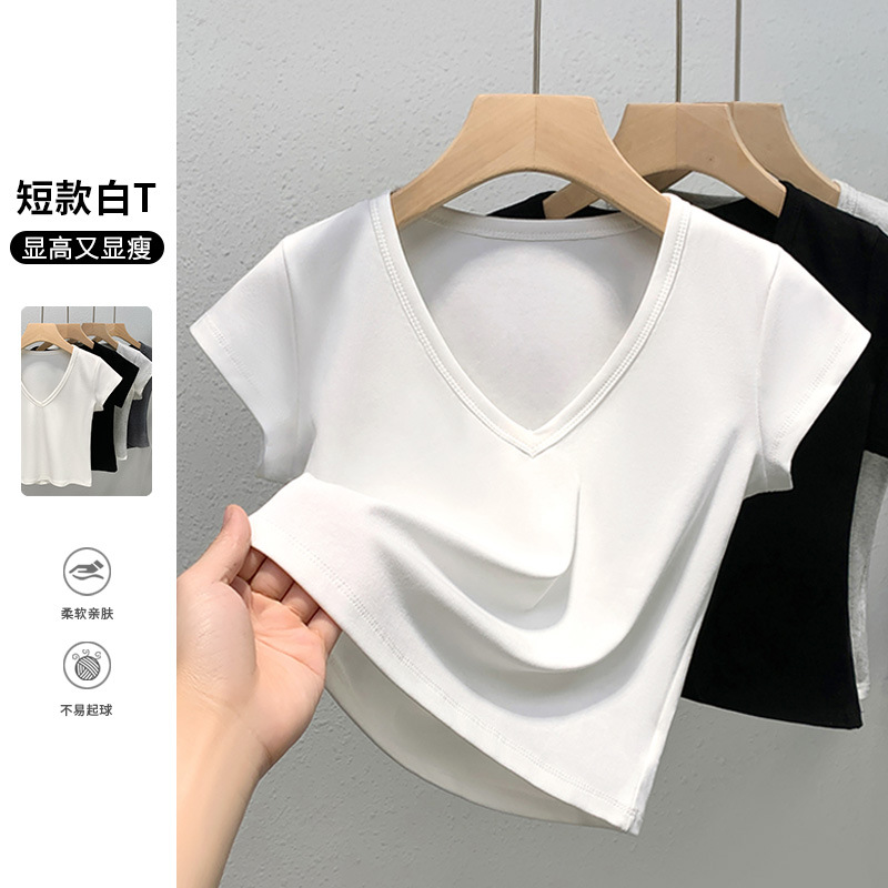 白色短袖t恤女士短款修身2025新款春夏正肩显瘦体恤v领小个子上衣