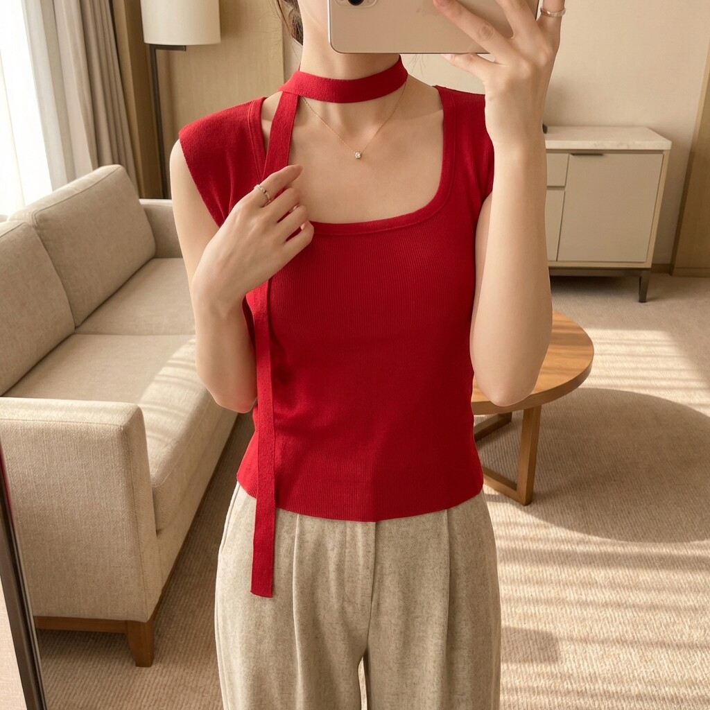 红色方领针织背心女2026新款春夏内搭修身显瘦外穿高级感无袖上衣