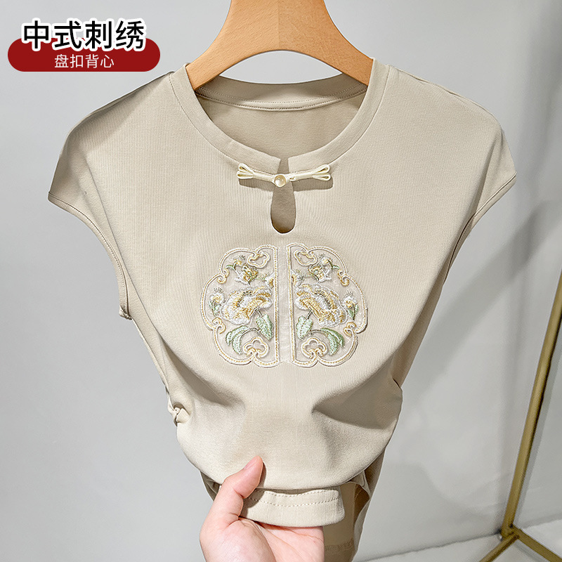 中式刺绣背心女内搭2025新款小个子国风盘扣收腰无袖上衣女夏外穿