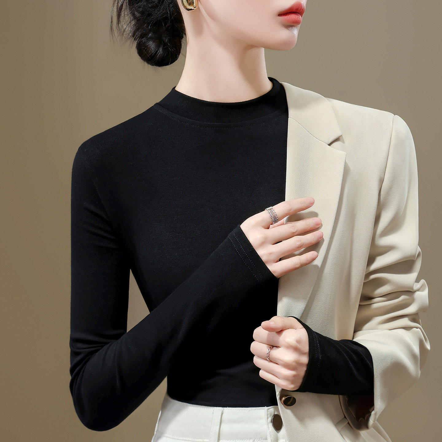 黑色打底衫女莫代尔春秋2026新款立领内搭修身长袖t恤高级感上衣