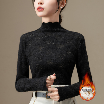 黑色蕾丝打底衫女加绒加厚上衣