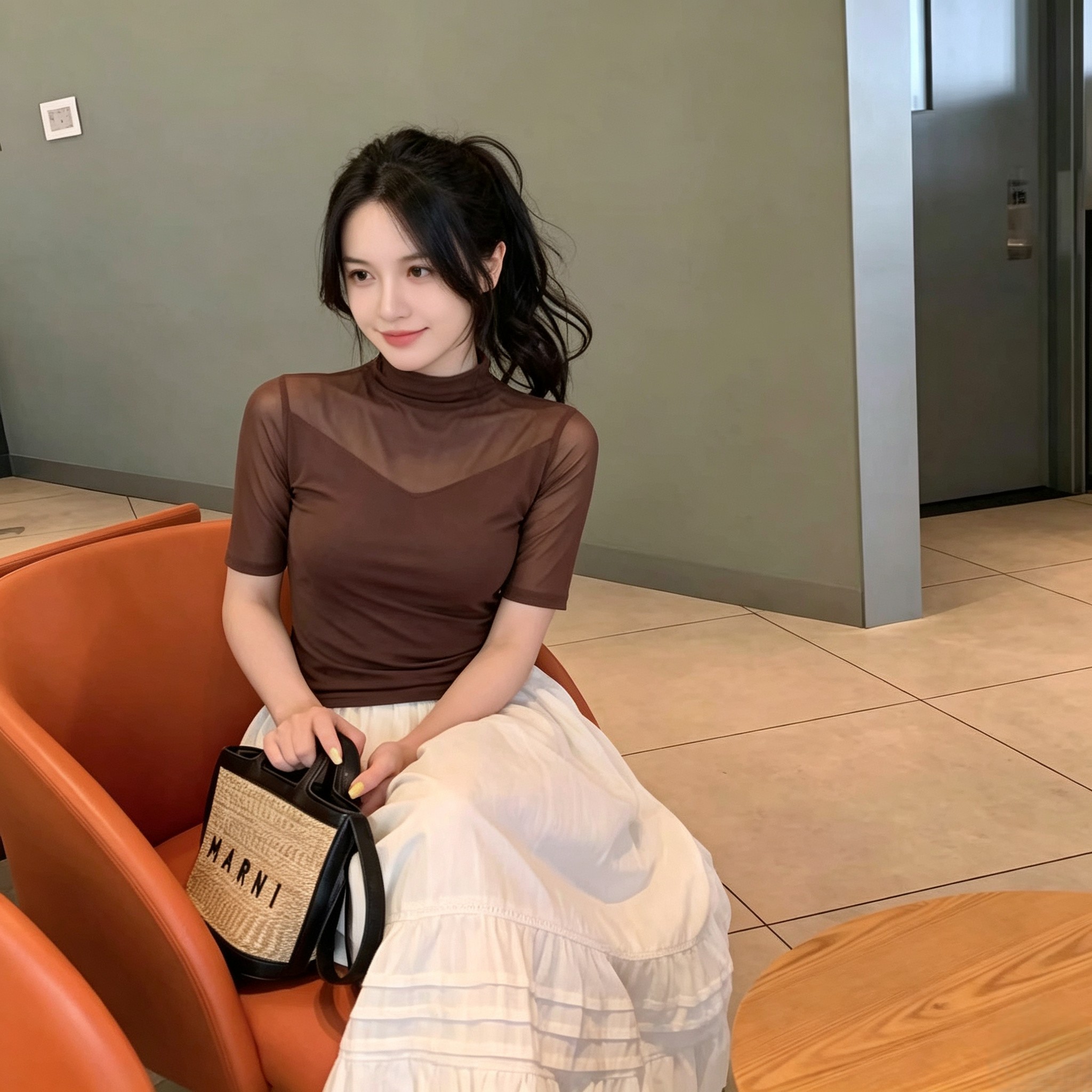 半高领中袖t恤女高端网纱上衣