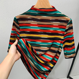 半高领中袖T恤女夏季2026薄款网纱打底衫女时尚洋气彩色条纹上衣