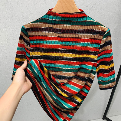 彩色条纹速干网纱女洋气中袖纱衣