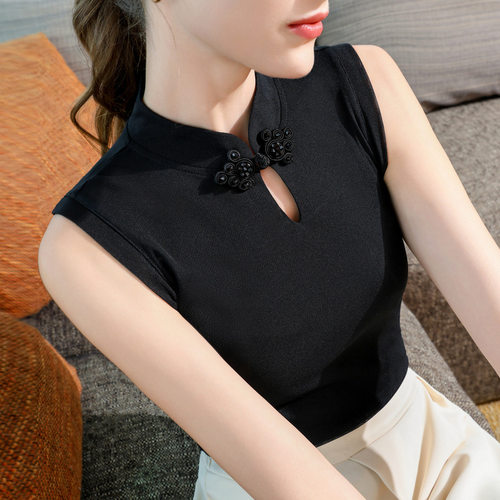 黑色网纱无袖新中式国风盘扣上衣