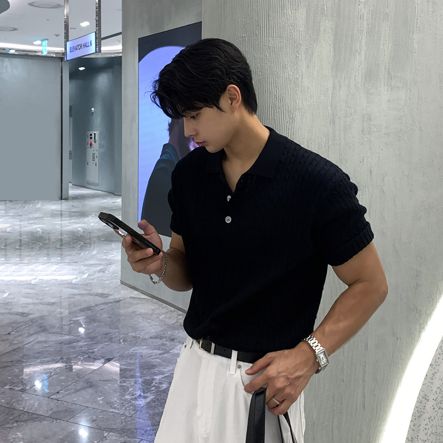 LOOKNFIT韩版麻花纹冰丝休闲针织短袖亨利领老钱风夏季薄款POLO衫