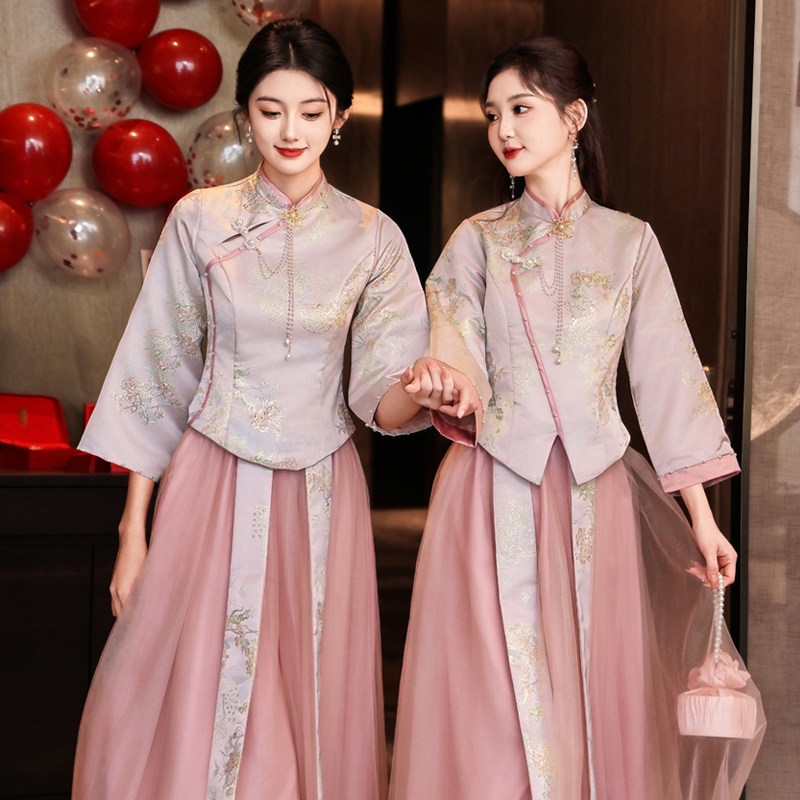 中式伴娘服女2026新款夏季高级感小众粉色姐妹团结婚礼服裙小个子