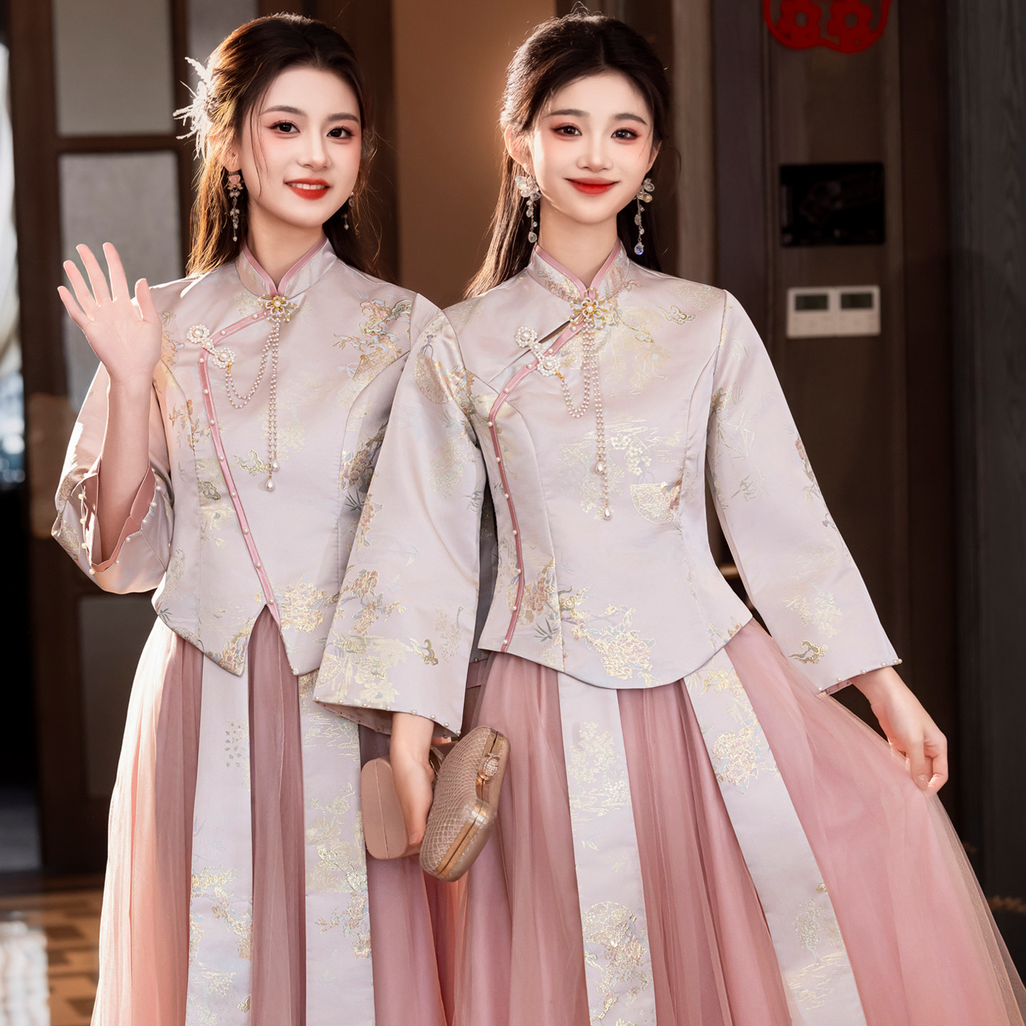 中式伴娘服2026新款夏天高级小众大码长袖姐妹团订婚礼服裙旗袍女图片