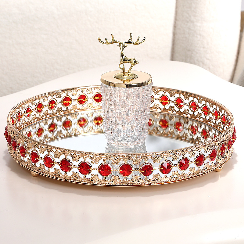 轻奢红色水晶玻璃金属托 托盘家用客厅茶几餐桌收纳盘摆件茶盘果