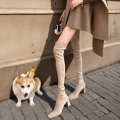 秋冬性感小方头高跟过膝长靴女5050粗跟弹力瘦瘦靴细跟显瘦长筒靴