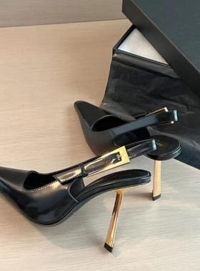 杨树林小金条细跟御姐包头凉鞋女2025年新款金属SLP尖头高跟单鞋