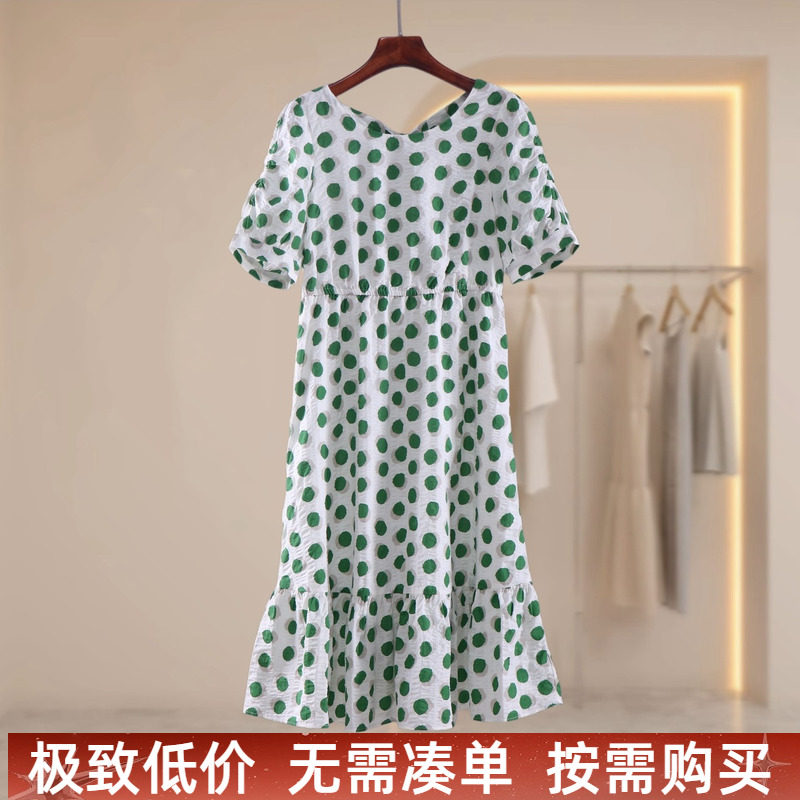 拉谷g品牌折扣波点风潮泡泡袖连衣裙女松紧腰绿色中长款收腰裙子