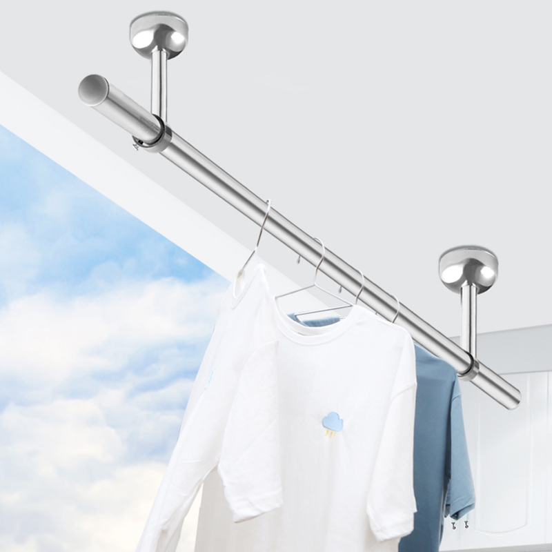 晾衣杆阳台顶装不锈钢凉衣u捍单杆固定式晾衣架打孔家用简易晒挂