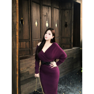 佳佳【紫魅蝶香】微胖大码性感长袖紫色包臀裙秋冬新款修身连衣裙